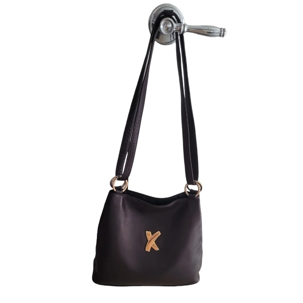 Paloma Picasso‎ Vintage Chocolate Brown Gold Logo Crossbody Shoulder Bag